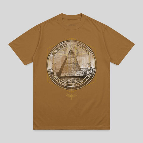 Brown t-shirt with pyramid and eye symbol, Latin text, and dragonflies.