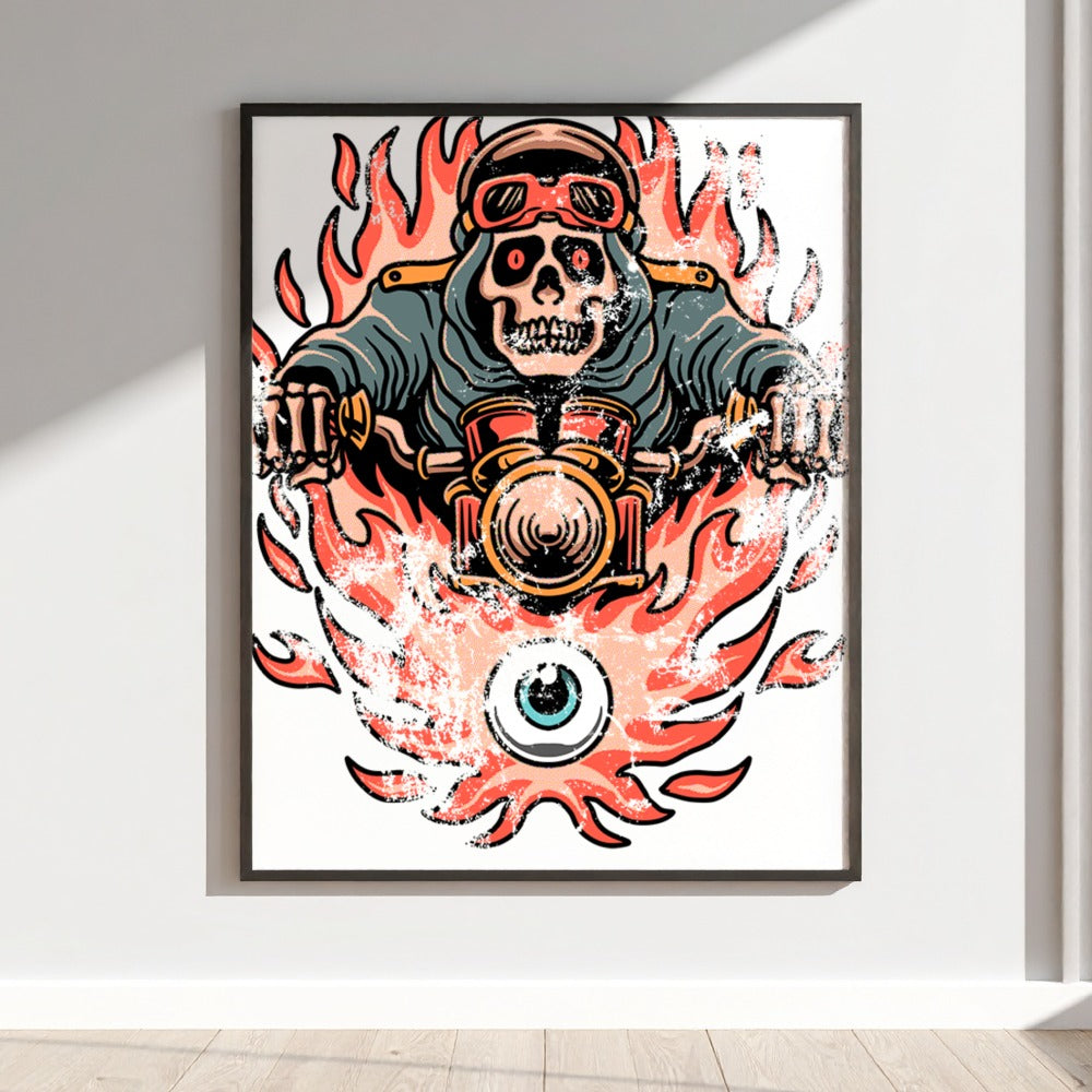 Fiery Skeleton Biker on Motorcycle Wall Art Print