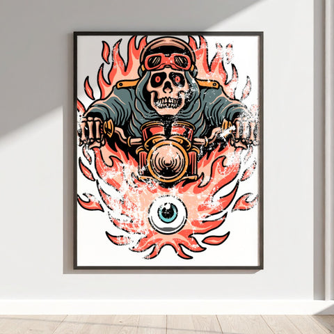 Fiery Skeleton Biker on Motorcycle Wall Art Print