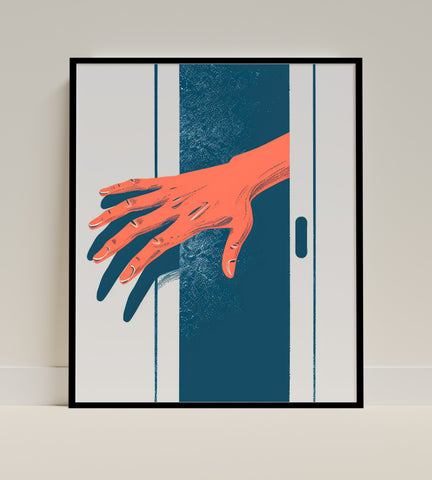 Vibrant Orange Hand Reaching Through Doorway Art Print