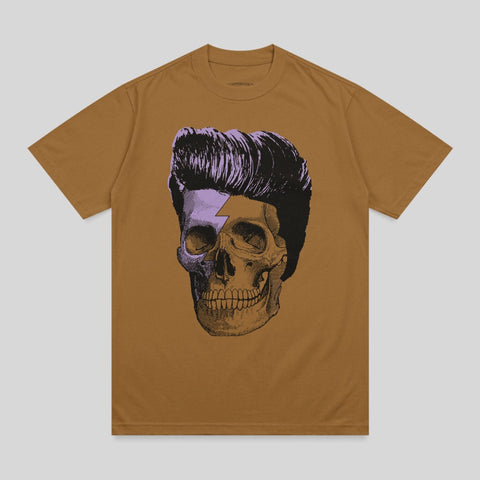 Brown t-shirt with a purple and black graphic of a skull with slicked-back hair and a lightning bolt.