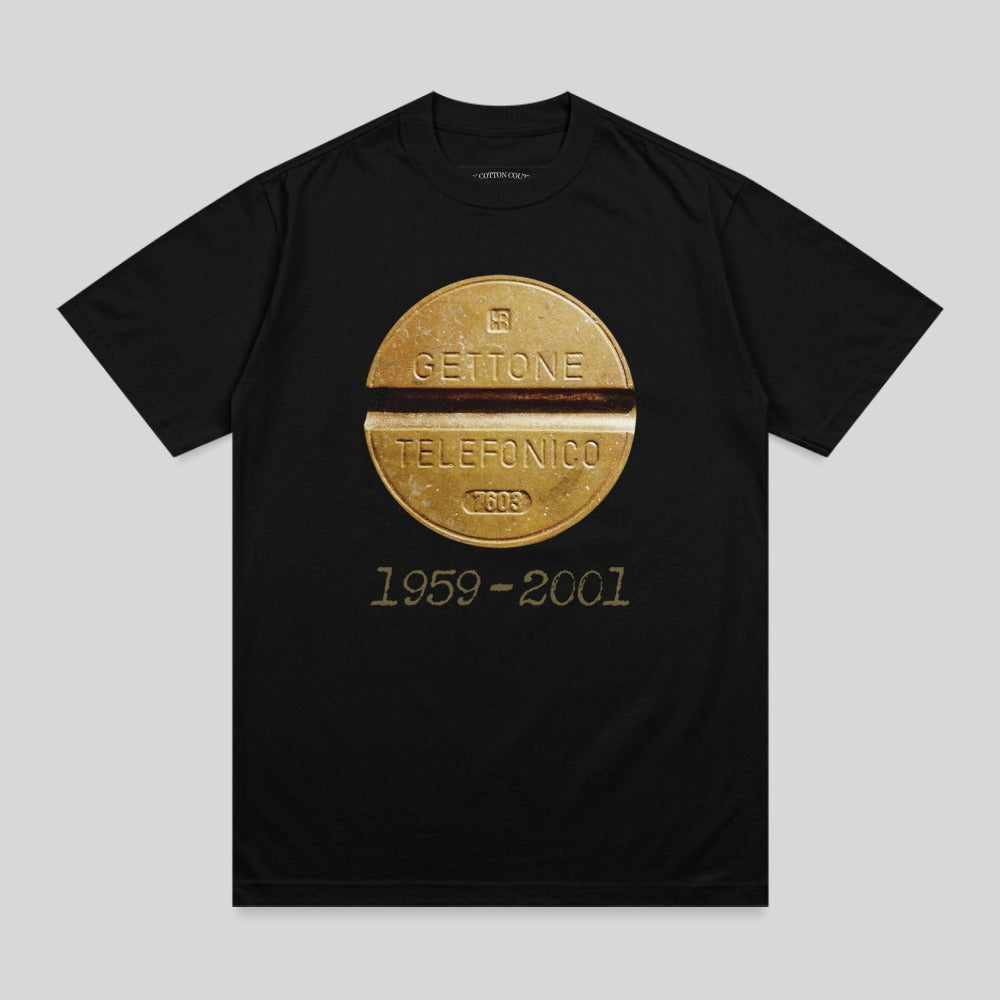 Black t-shirt with "GETTONE TELEFONICO" and dates 1959-2001 printed.