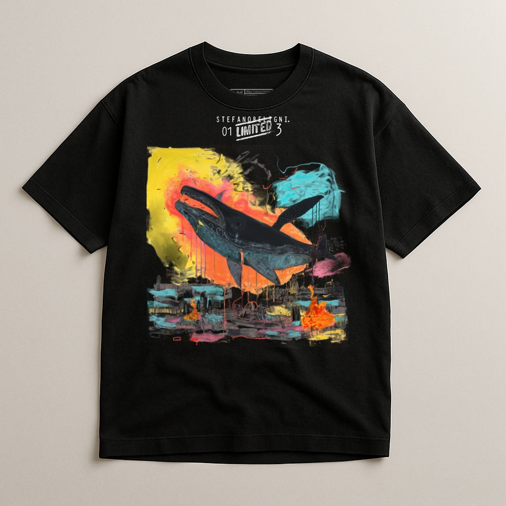 Colorful Whale Graphic on Black Tshirt Design