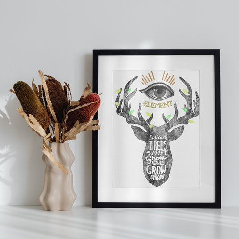Deer Silhouette Art with Eye and Antlers Framed Print