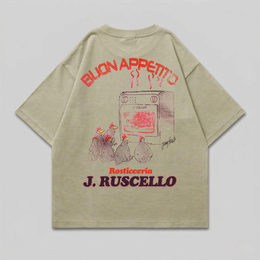 Tan t-shirt with "Buon Appetito" and stylized chickens in front of an oven.
