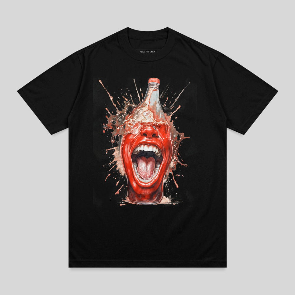 Black t-shirt with graphic of a person's screaming mouth splashing out of a bottle.