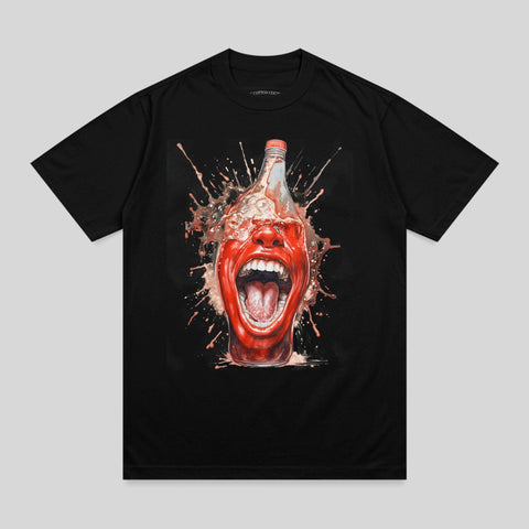 Black t-shirt with graphic of a person's screaming mouth splashing out of a bottle.