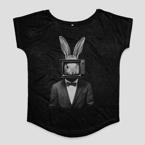 TV Head Rabbit Art on Black T-Shirt for Trendy Fashion