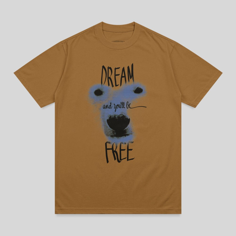 Brown t-shirt with "DREAM and you'll be FREE" text and bear graphic.