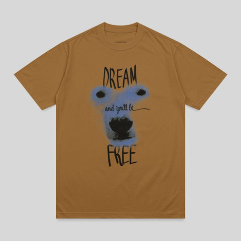 Brown t-shirt with "DREAM and you'll be FREE" text and bear graphic.