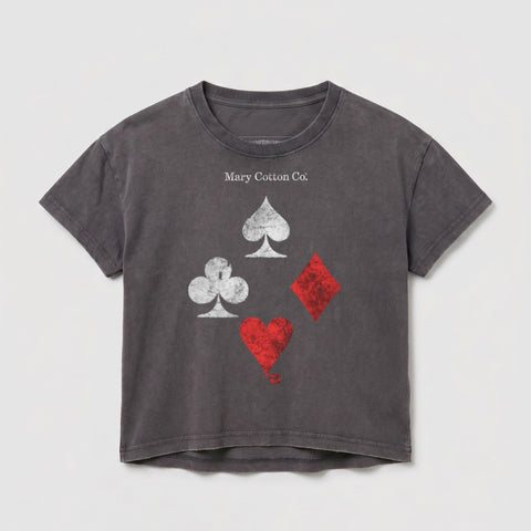 Dark grey t-shirt with white spade and club, red diamond and heart suit symbols.