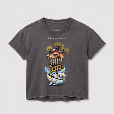 Dark grey t-shirt with whimsical artwork of a mushroom house over a bowl of ramen.