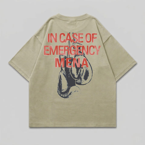 Tan t-shirt with "IN CASE OF EMERGENCY" and boxing gloves graphic.