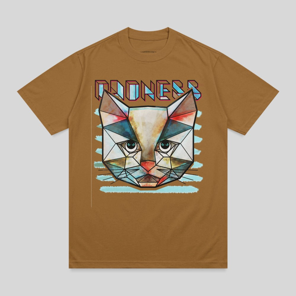 Brown t-shirt with geometric cat graphic and "MONSTERS" text.