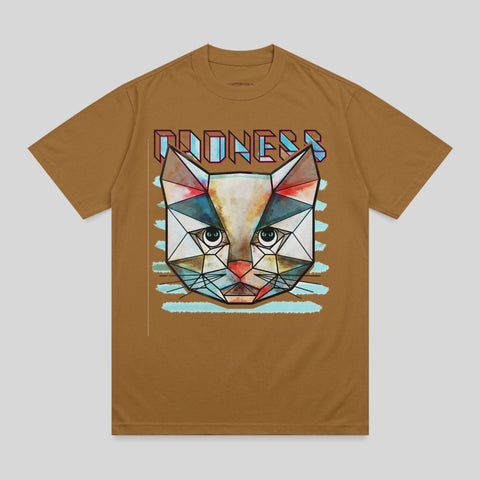 Brown t-shirt with geometric cat graphic and "MONSTERS" text.