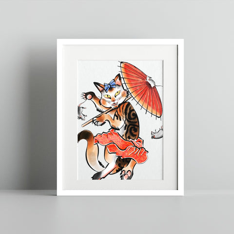 Cat with Umbrella and Mice Japanese Style Wall Art