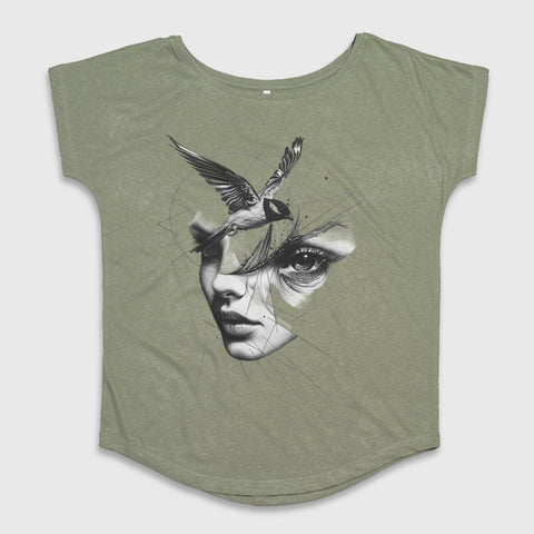 Artistic Woman and Bird Graphic Design T-Shirt