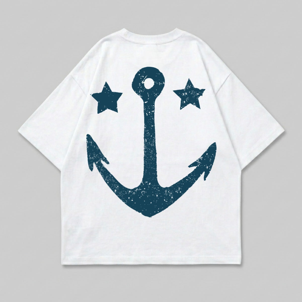 White t-shirt with a distressed navy anchor and two stars graphic.