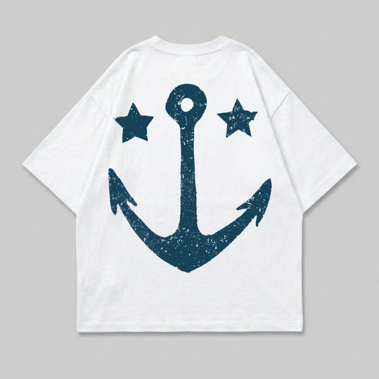 White t-shirt with a distressed navy anchor and two stars graphic.