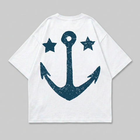 White t-shirt with a distressed navy anchor and two stars graphic.