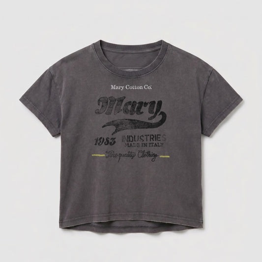 Grey t-shirt with "Mary Cotton Co." and "Mary 1933 Industries Fine Quality Clothing" text.