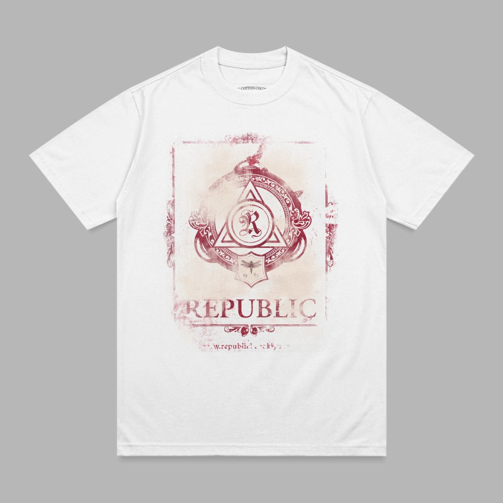 White t-shirt with distressed red circular emblem featuring "R" and "REPUBLIC" text.