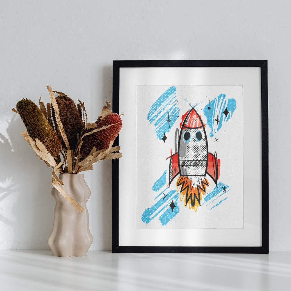 Rocket Ship Artwork with Abstract Blue Background Print