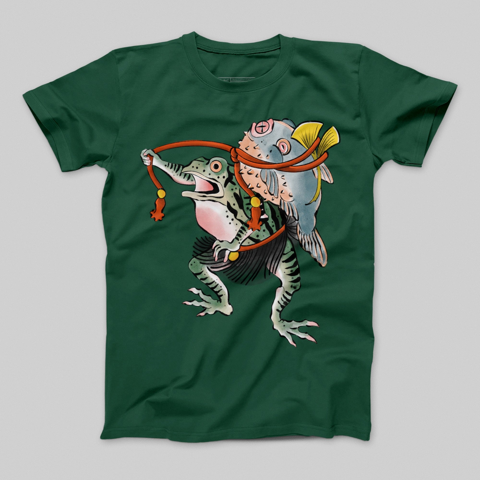 Cartoon Frog and Fish Design on Green Shirt Product