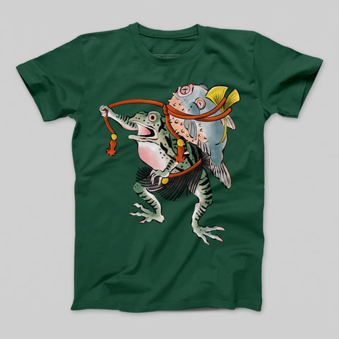 Cartoon Frog and Fish Design on Green Shirt Product