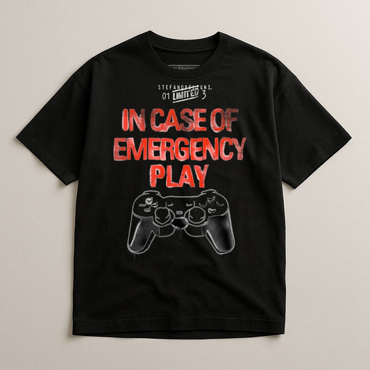 Black t-shirt with "IN CASE OF EMERGENCY PLAY" and a video game controller.