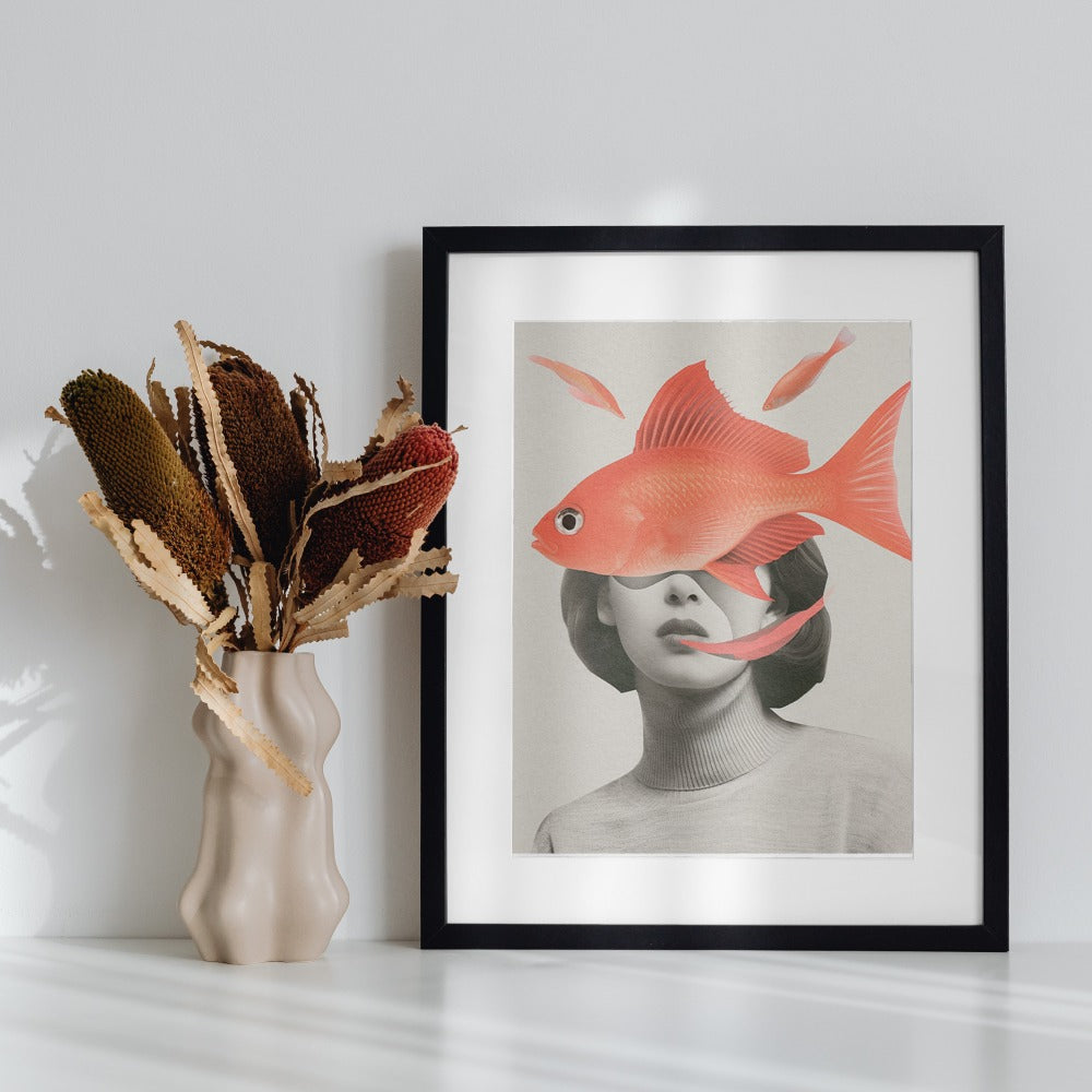 Surreal Red Fish Over Woman's Face Art Print