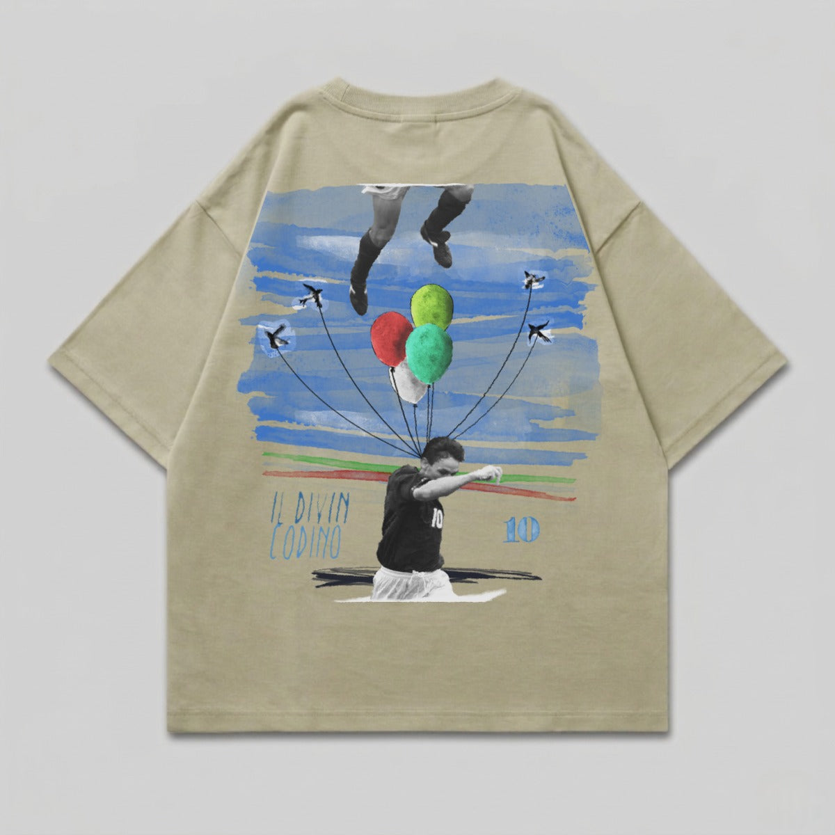 T-shirt graphic with Messi, balloons, airplanes, and text.
