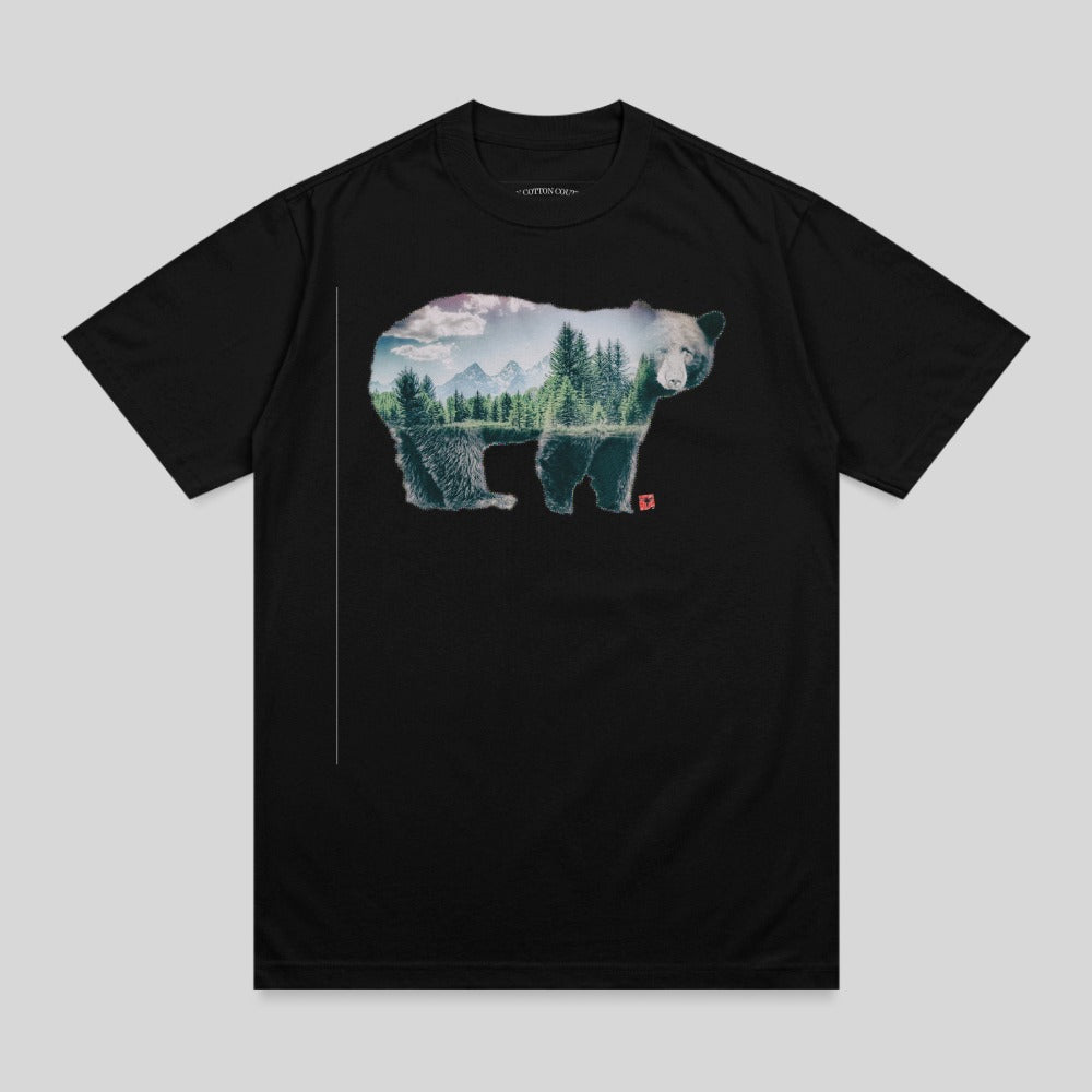 Black t-shirt with a bear silhouette filled with a forest landscape.