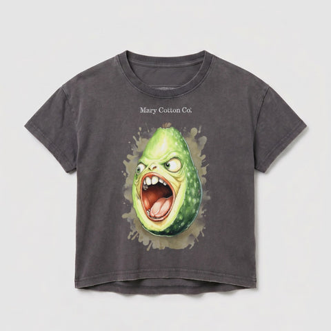 Graphic t-shirt with screaming avocado design and "Mary Cotton Co." text.