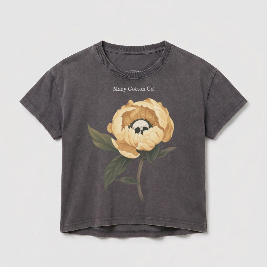 Dark gray t-shirt with a yellow peony and skull graphic and "Mary Cotton Co." text.