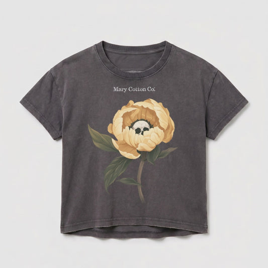 Dark gray t-shirt with a yellow peony and skull graphic and "Mary Cotton Co." text.