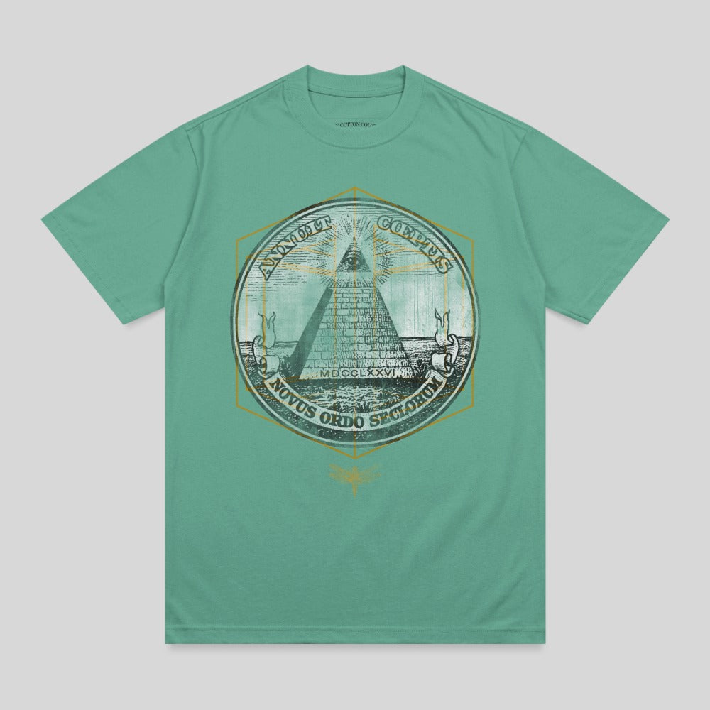 Green t-shirt featuring the Great Seal of the United States, eye of providence.