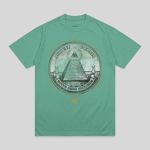 Green t-shirt featuring the Great Seal of the United States, eye of providence.