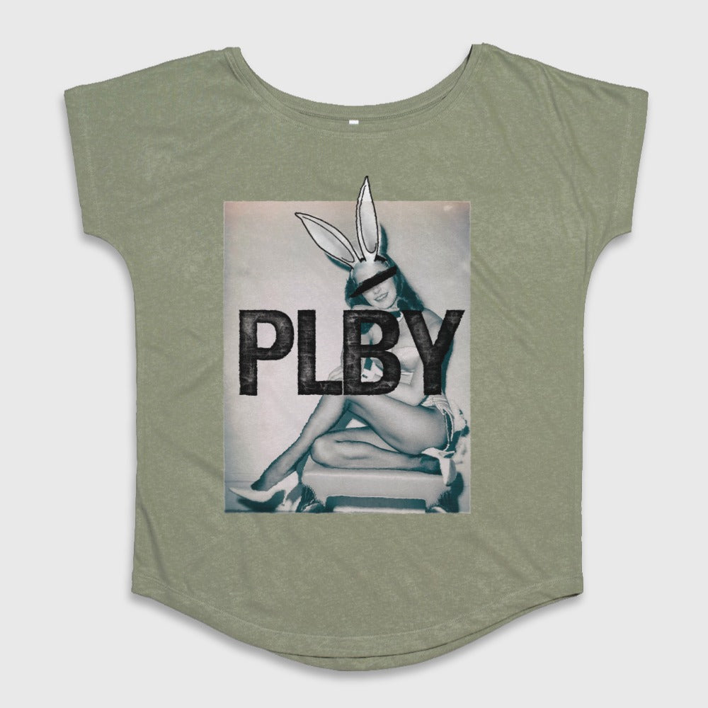 PLBY Bunny Graphic with Text on Olive Green Shirt