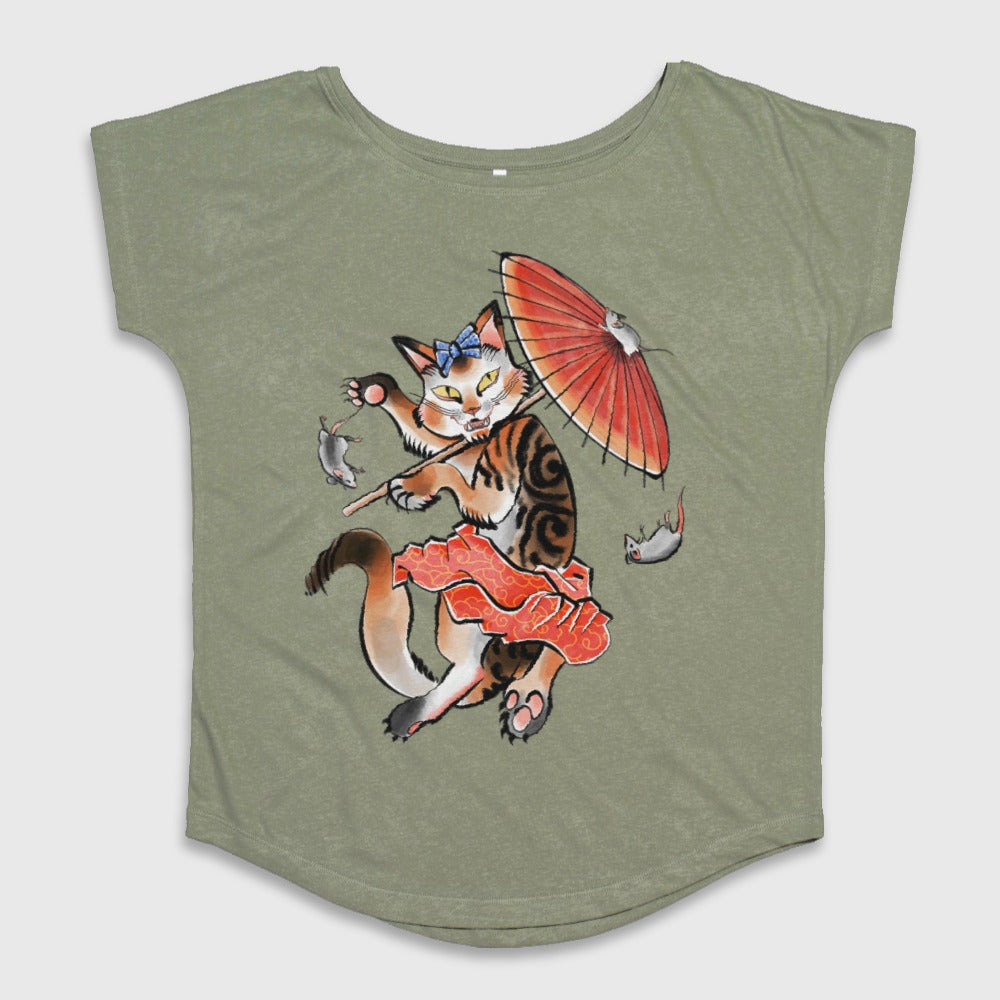 Dancing Cat with Umbrella and Fish Graphic Tee