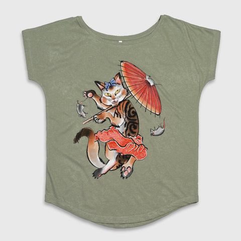 Dancing Cat with Umbrella and Fish Graphic Tee