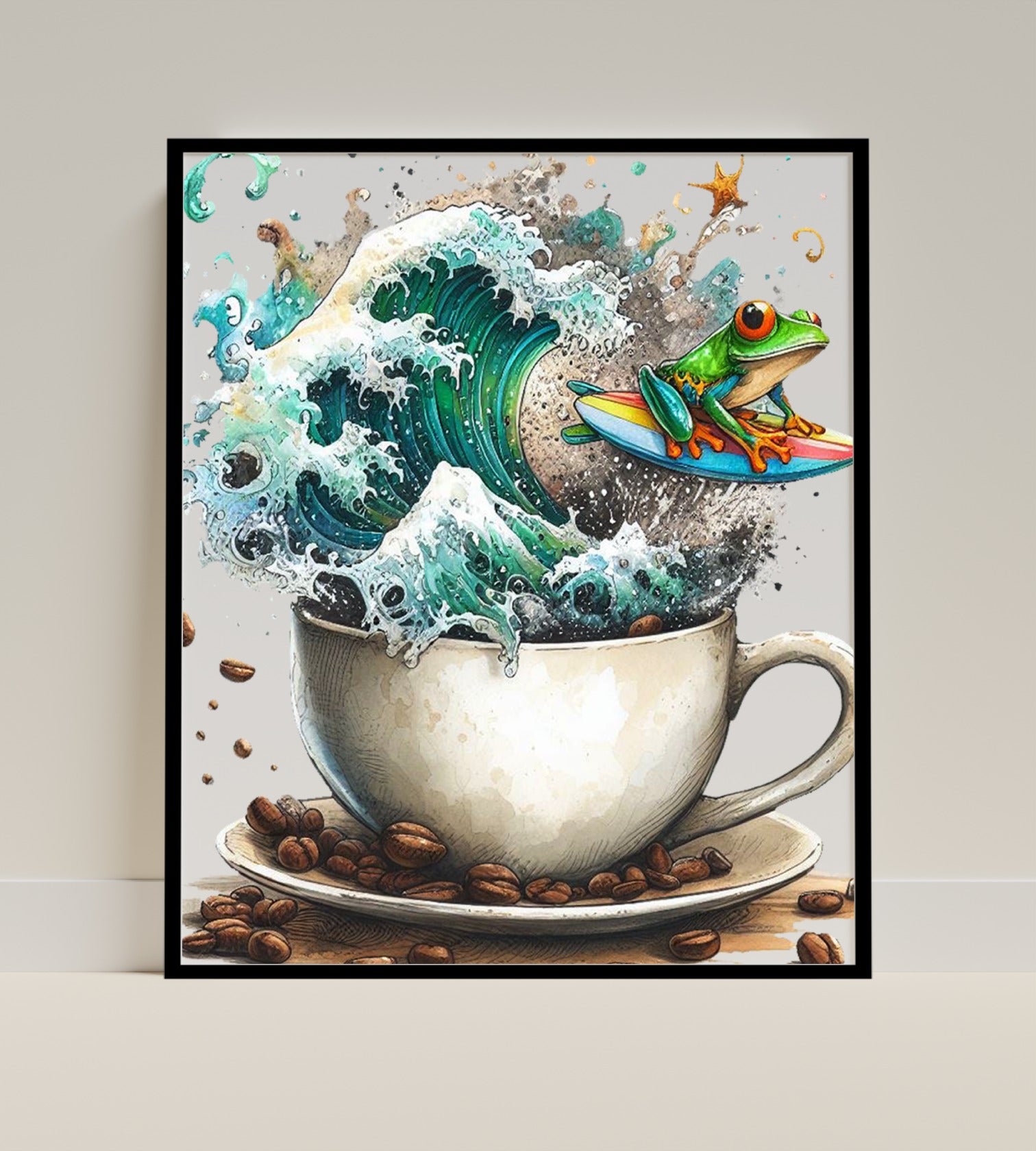 Surfing Frog Adventure in Coffee Cup Artwork