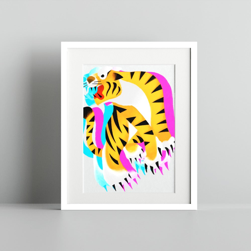 Vibrant Abstract Tiger Art Print in Bold Neon Colors
