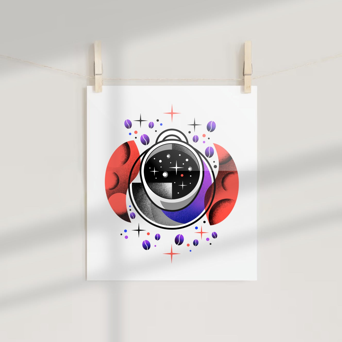 Abstract Space Exploration Poster with Red and Purple Elements