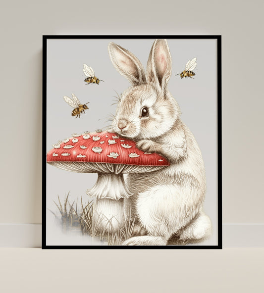 Adorable Bunny with Mushroom and Bees Art Print