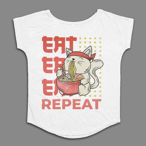 Cute Cat Eating Ramen Eat Repeat Graphic T-Shirt