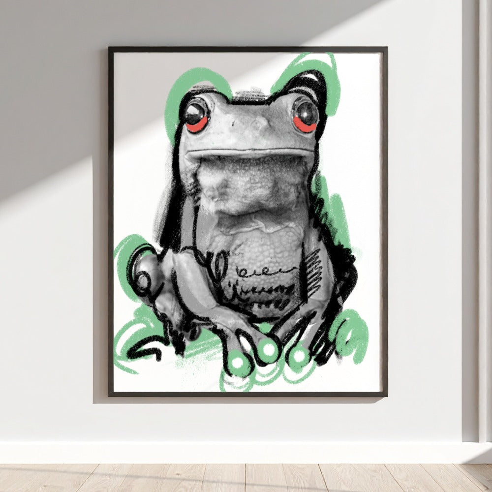 Unique Frog Sketch with Green Accents Wall Art