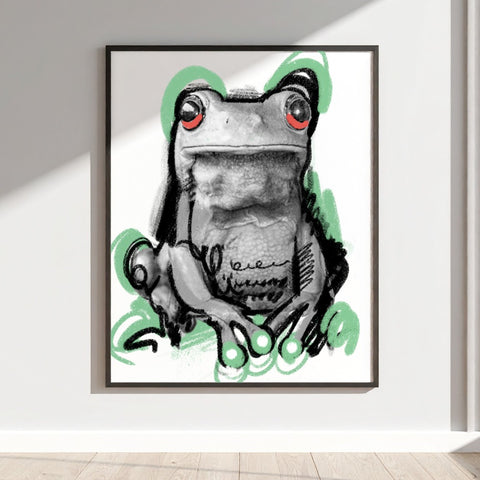 Unique Frog Sketch with Green Accents Wall Art