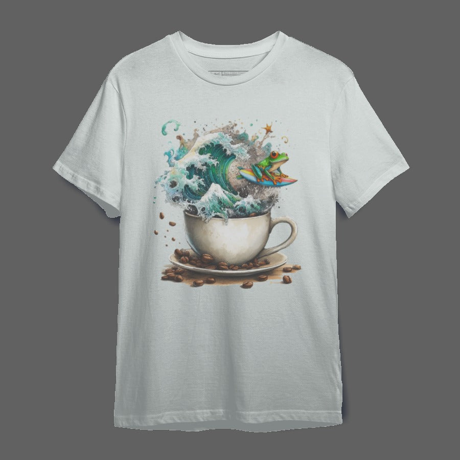 Surfing Frog in Coffee Cup Unique Graphic Tee