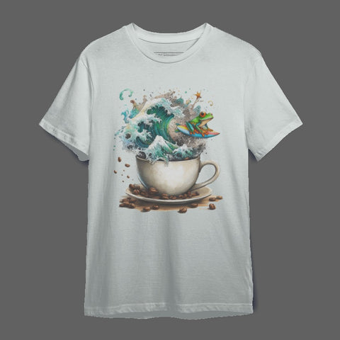 Surfing Frog in Coffee Cup Unique Graphic Tee